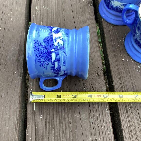 Vintage Winter Homestead Scene Blue Porcelain Coffee Mugs Set of 4 - Picture 4 of 5